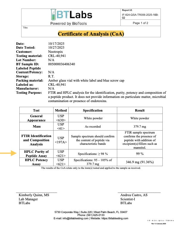 COA – Fladrafinil-Pulver (Batch SID-005000036406340, Assay 2025-10-27, Lab BT Labs, v1.0.0)