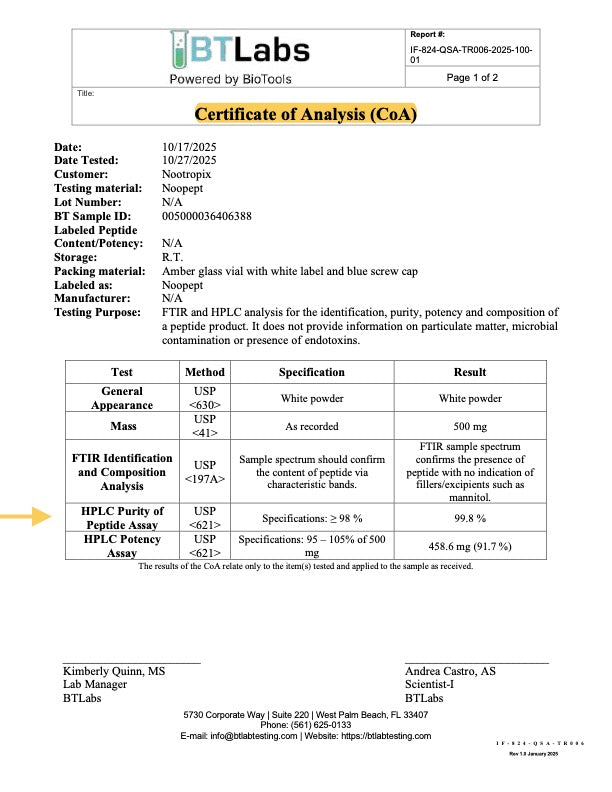 COA – Noopept-Pulver (Batch SID-005000036406388, Assay 2025-10-27, Lab BT Labs, v1.0.0)