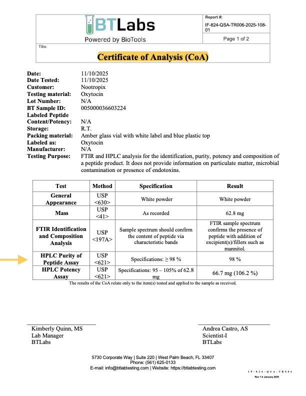 COA – Oxytocin (Batch SID-005000036603224, Assay 2025-11-10, Lab BT Labs, v1.0.0)