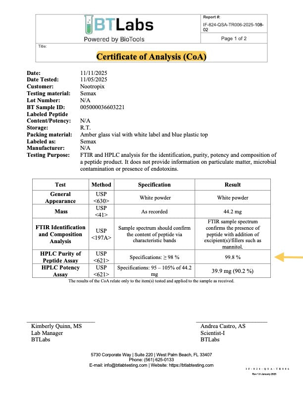 COA – Semax (Batch SID-005000036603221, Assay 2025-11-05, Lab BT Labs, v1.0.0)