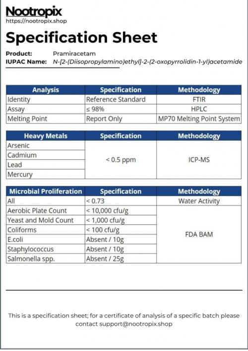 Pramiracetam Specification Sheet For Nootropix Dubai Uae